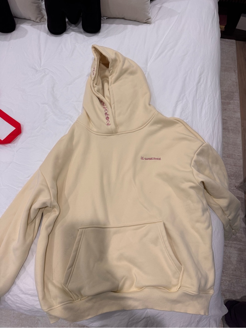 Cream Cozy Hoodie with Subtle Embroidered Script Lil Sweet Treat NYC